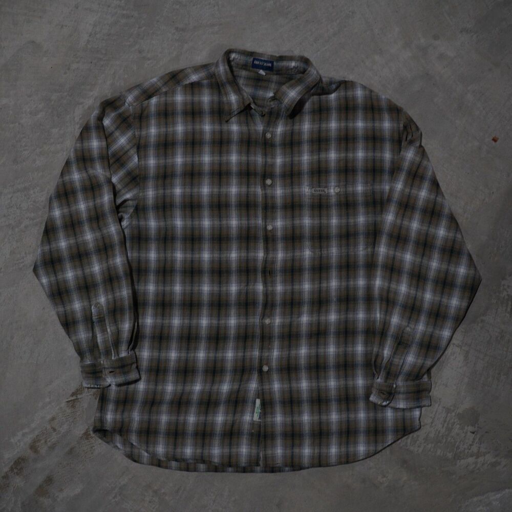90s Guess Plaid Flannel Shirt Mens L Tan Blue Shadow Plaid Made in USA Cotton